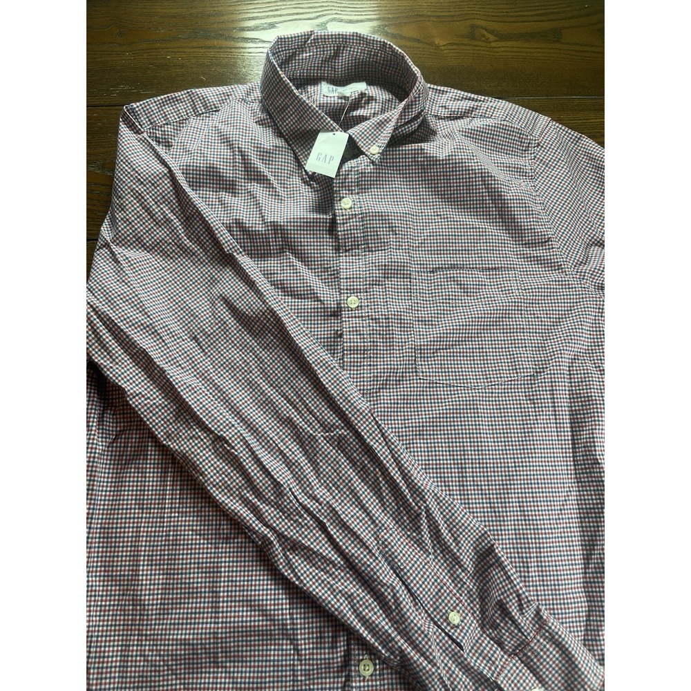 NEW Gap Mens Large Tall Slim Fit Non-Iron Stretch Plaid Button Red White Blue